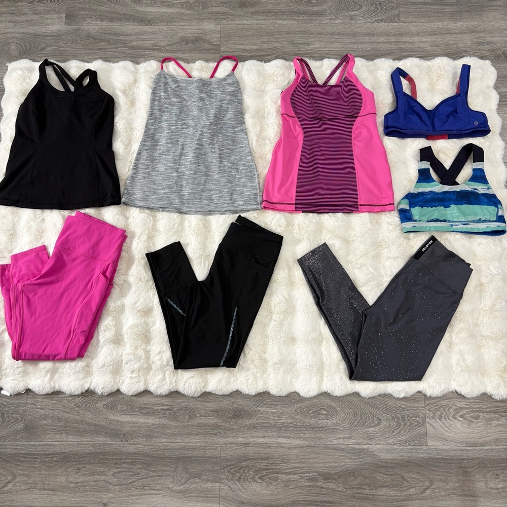 Lululemon lot sports bras leggings and tanks in pink blue gray black L/XL